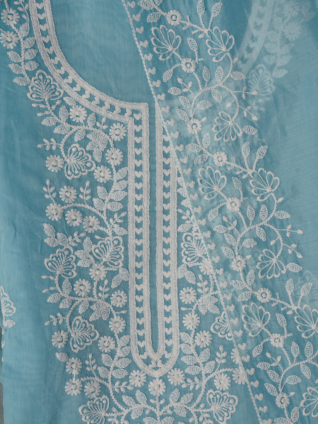 Sky Blue Unstitched Embroidered Cotton Blend Dress Material With Dupatta