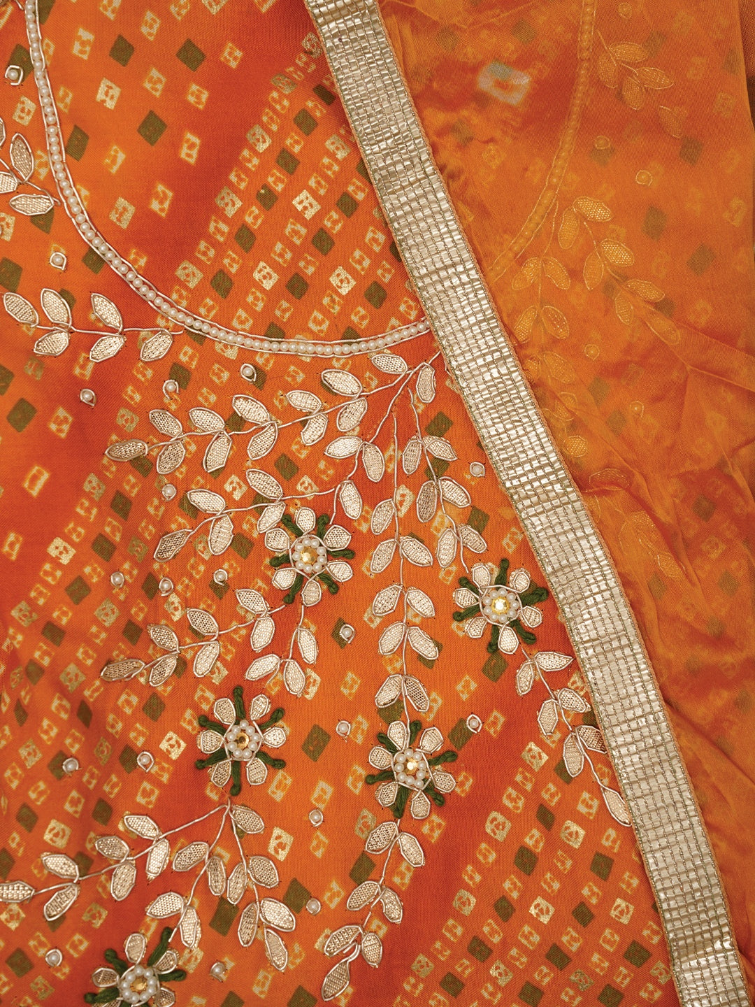 Mustard Unstitched Cotton Bandhani Printed Dress Material With Dupatta