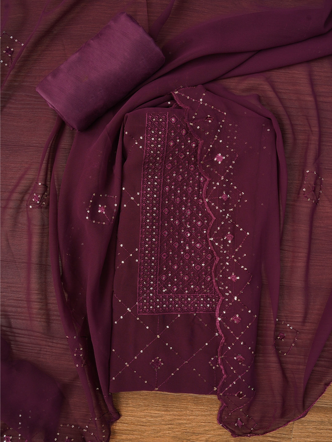 Purple Embroidered Silk Georgette Dress Material with Dupatta