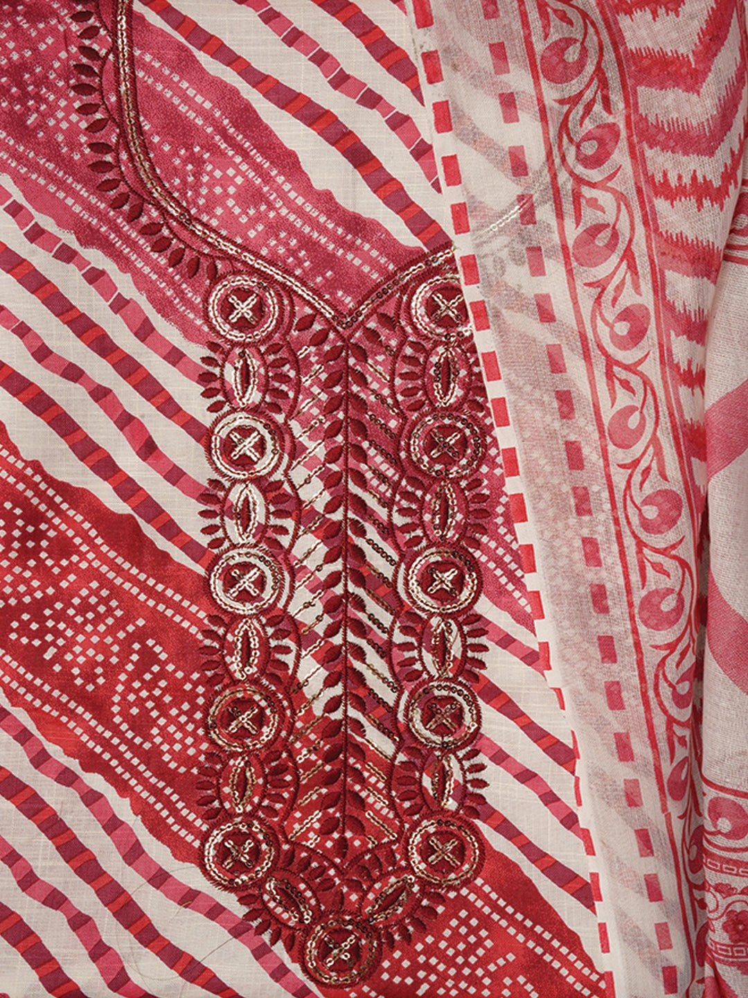 Pink Unstitched Cotton Bandhani Printed Dress Material With Dupatta