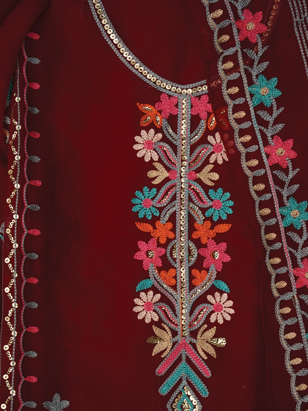 Red Sequin Embroidered Silk Georgette Dress Material with Dupatta