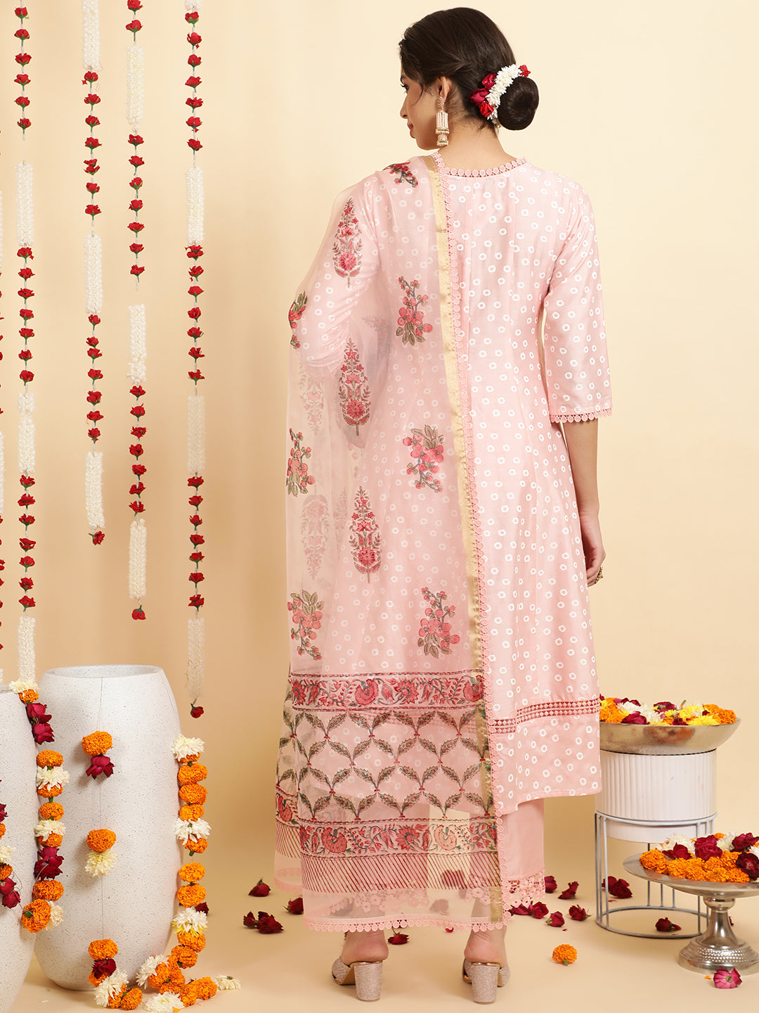 Festive Printed Anarkali Kurta Set With Handblock Dupatta