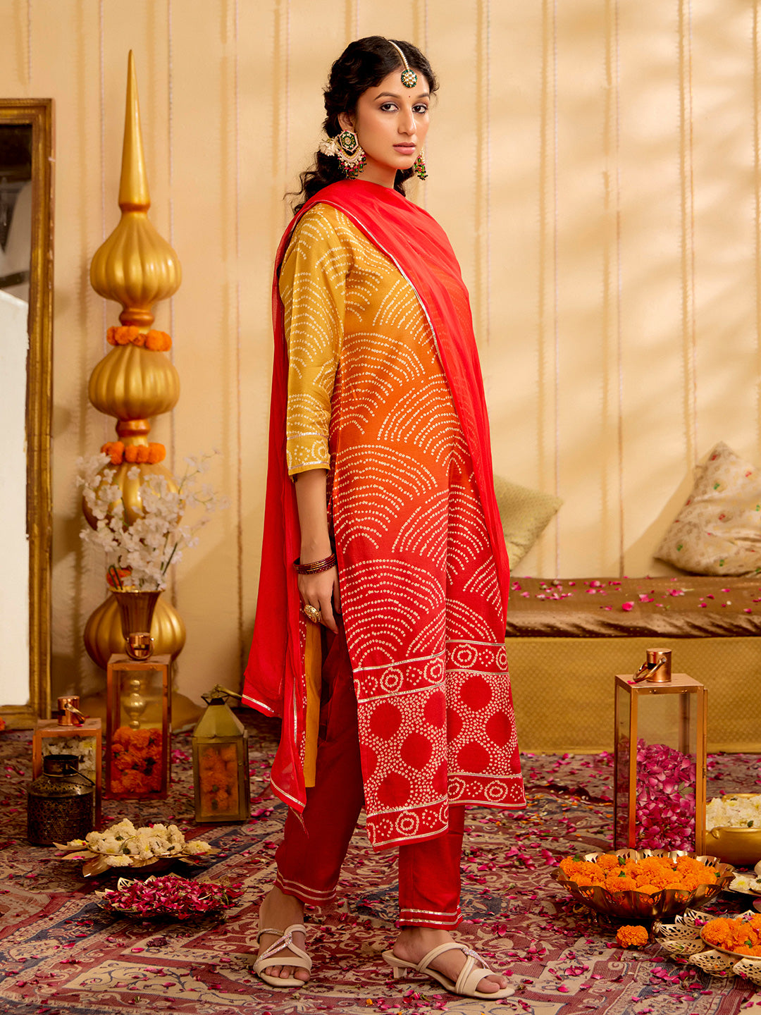 Mustard Bandhani Printed Festive Kurta Set With Dupatta