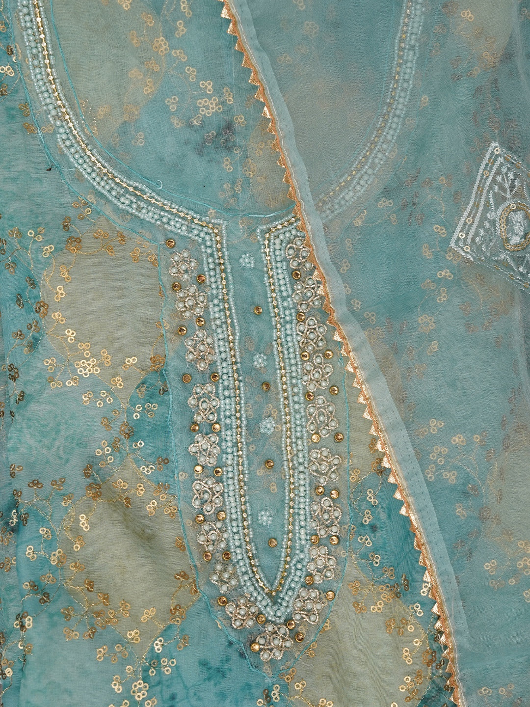 Multi Color Sequin Embellished Organza Dress Material with Dupatta