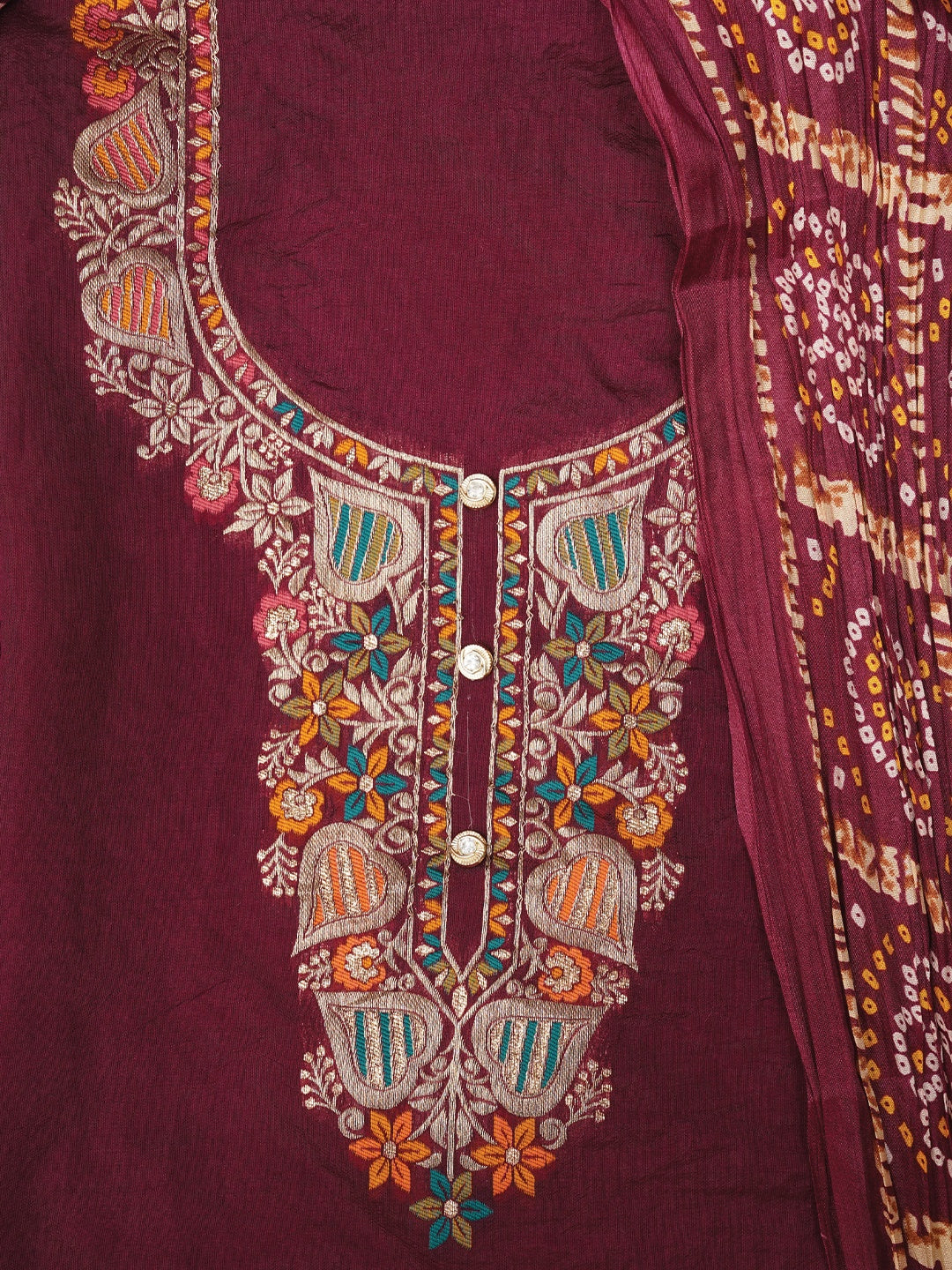 Unstitched Zari Silk Blend Dress Material With Dupatta