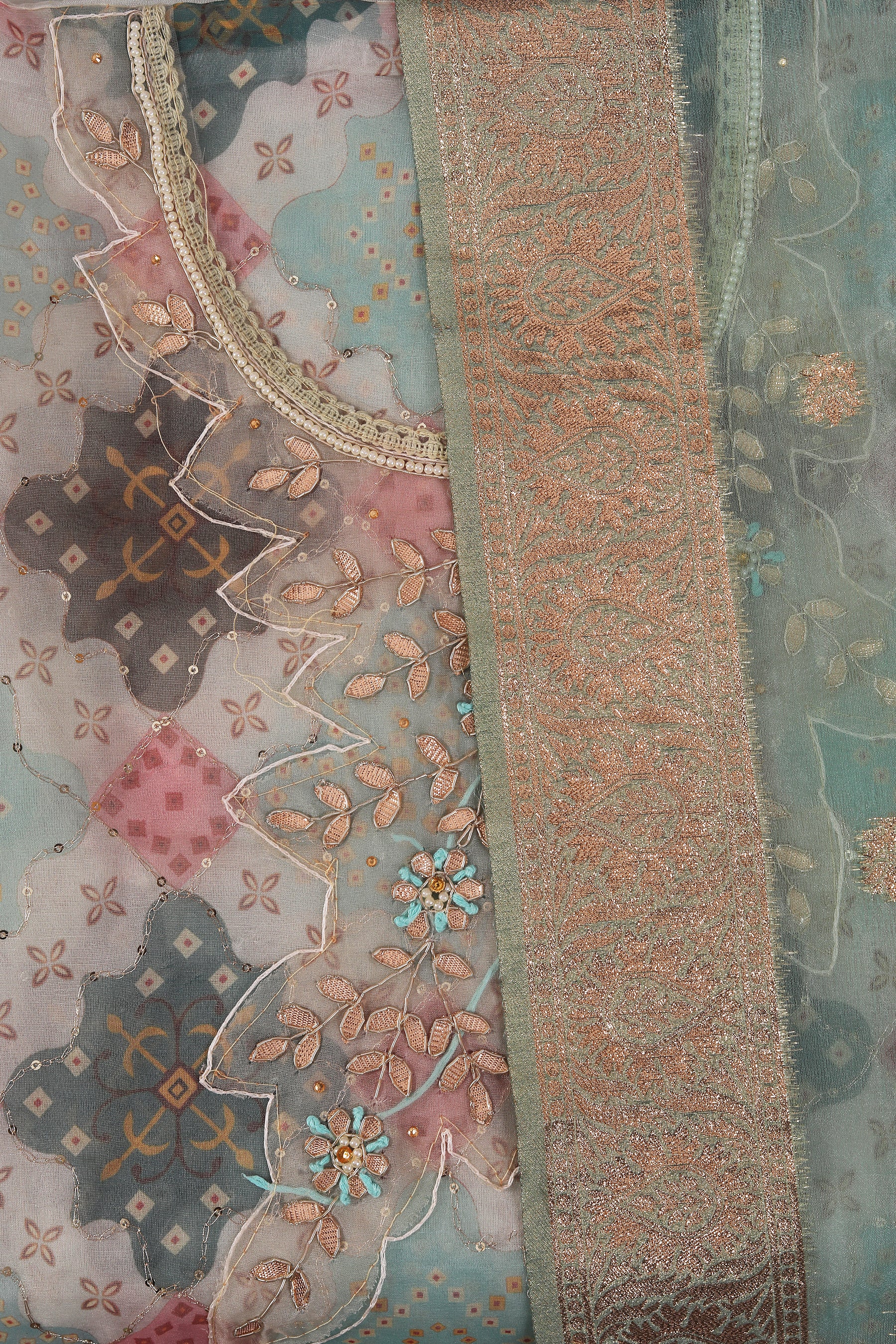 Unstitched Multicolor Embellished Organza Dress Material With Dupatta
