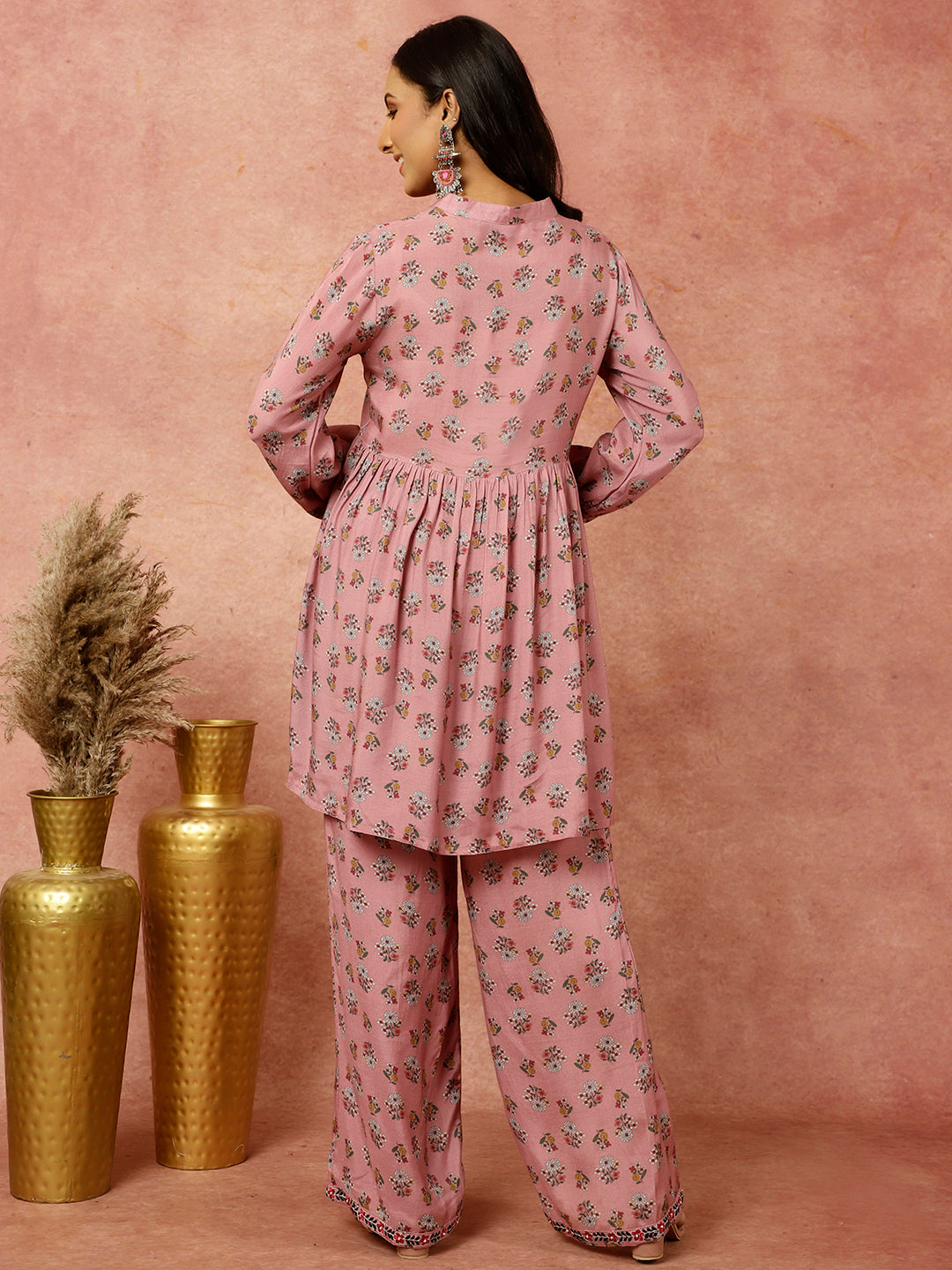 Rose Ethnic Printed Gathered Kurta With Palazzo Co-ord Set