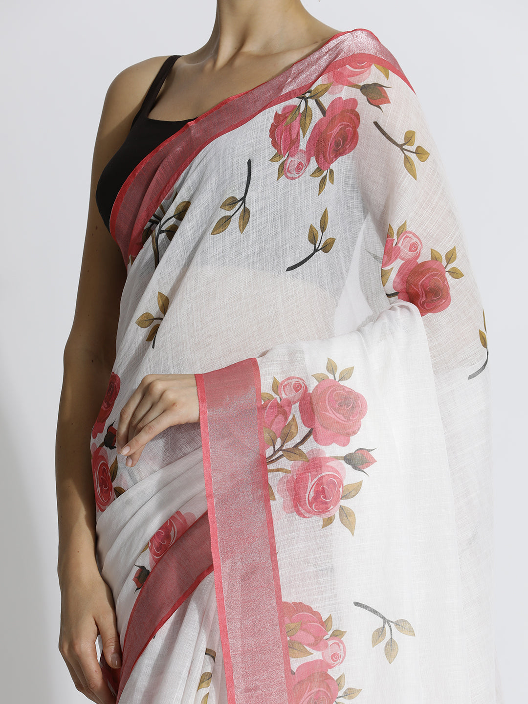 White Floral Printed Daily Wear Pure Linen Saree