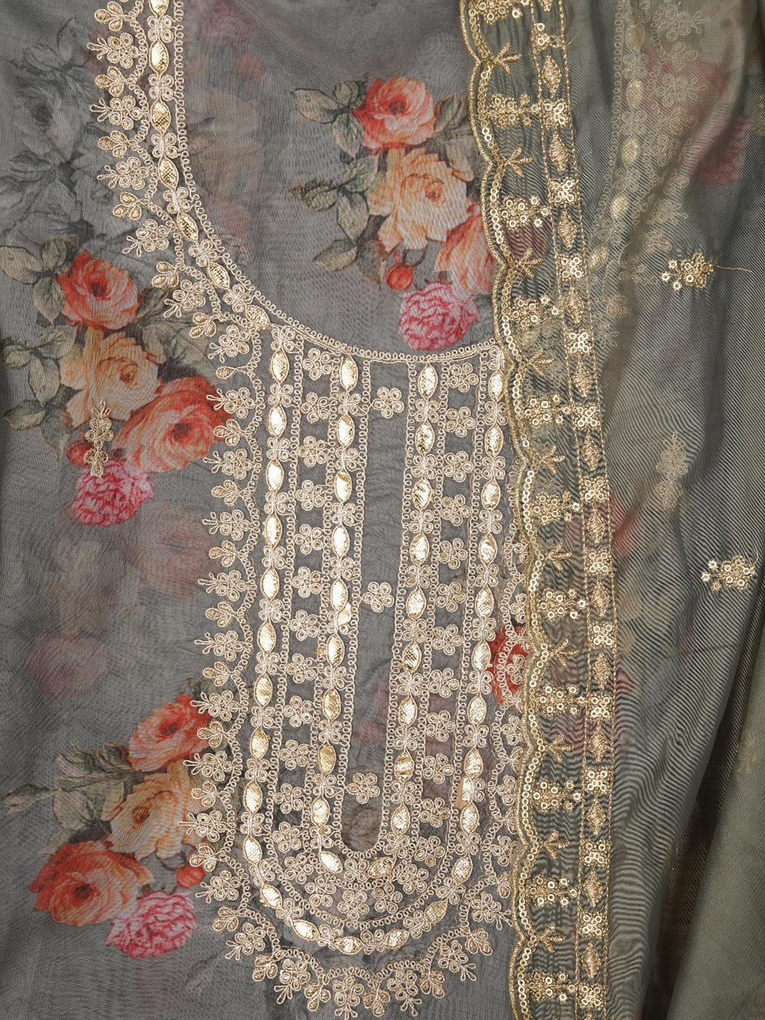 Mehandi Green Floral Printed Sequin Embroidered Dress Material with Dupatta