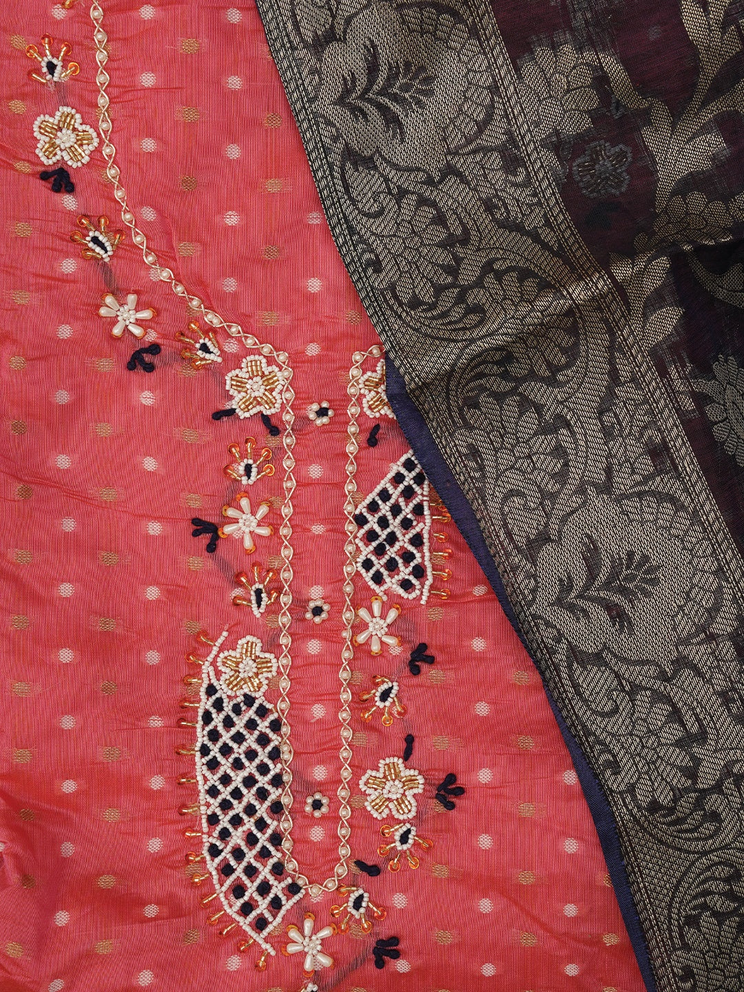 Pink Unstitched Zari Embellished Cotton Blend Dress Material with Dupatta