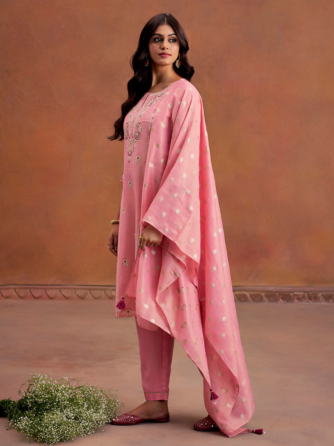 Pink Festive Zardozi Work Kurta Set With Dupatta