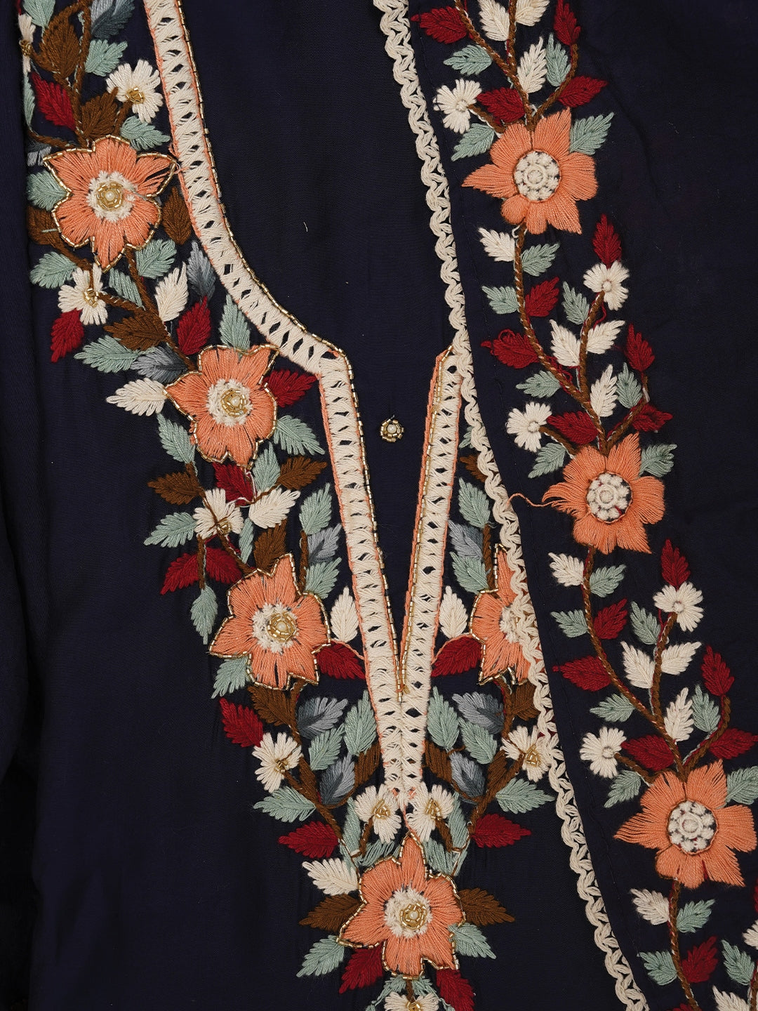 Navy Blue Pure Silk Lucknowi Embroidered Dress Material with Dupatta