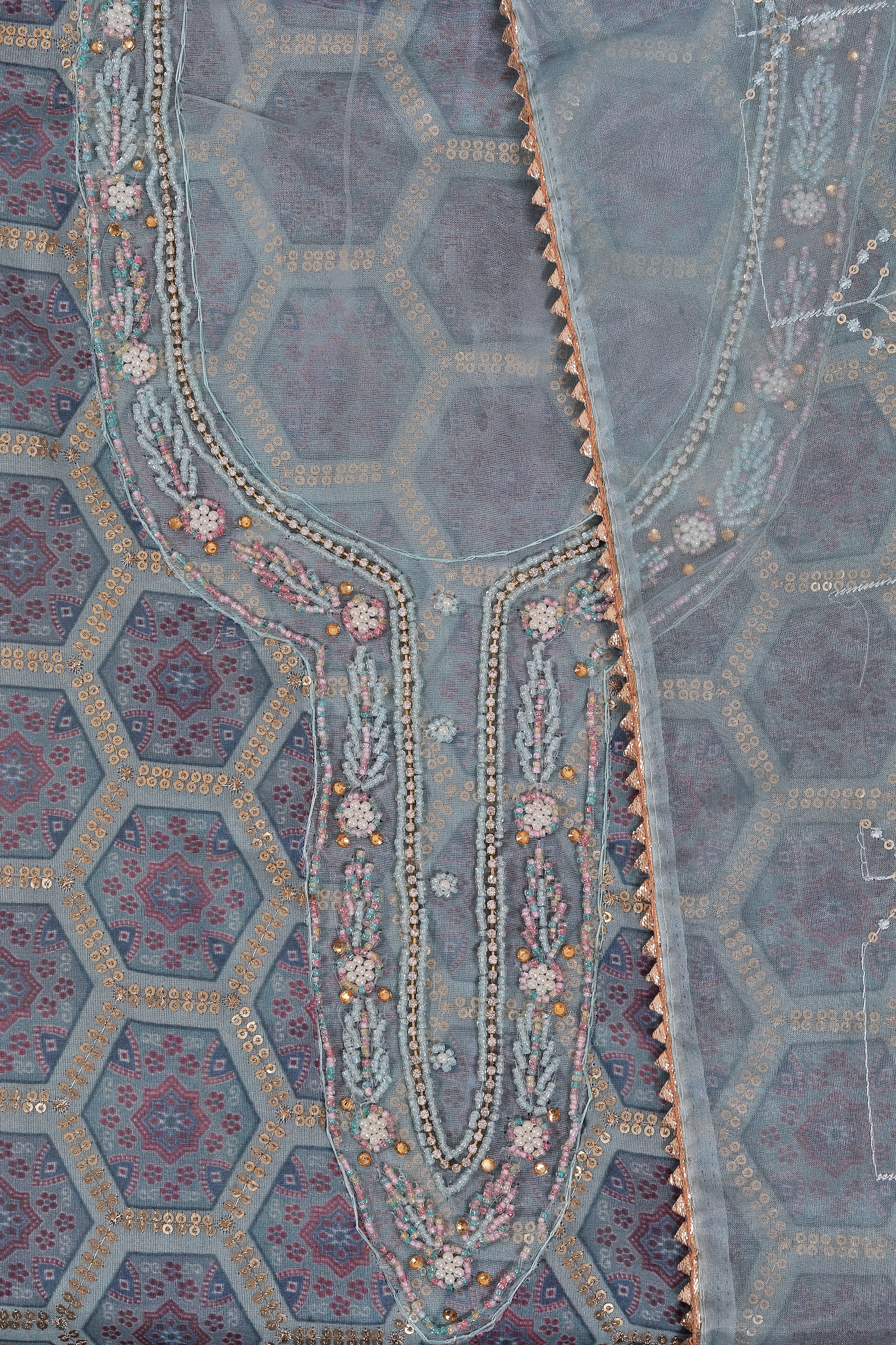 Green Organza Embellished Dress Material With Dupatta