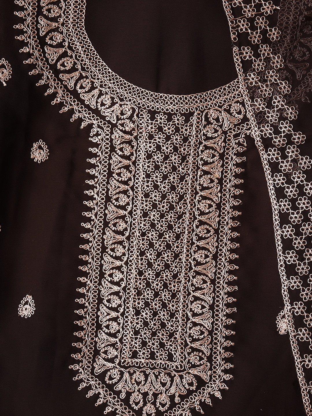 Brown Unstitched Embroidered Silk Georgette Dress Material With Dupatta