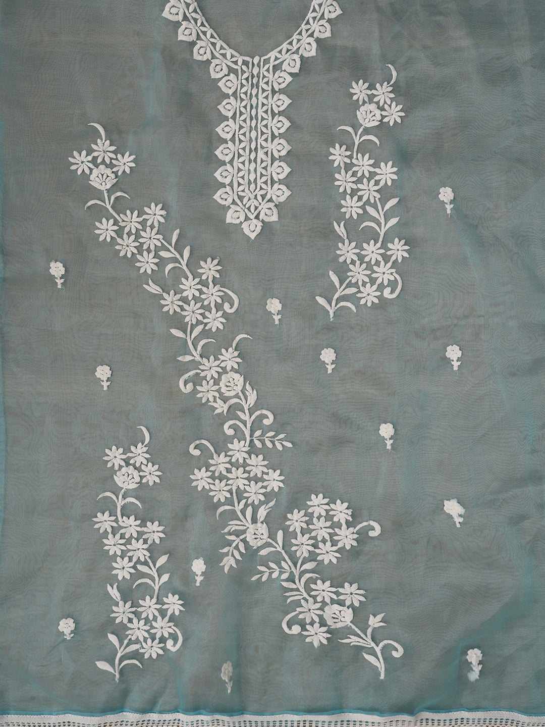 Sky Blue Floral Embroidered Organza Dress with Dupatta