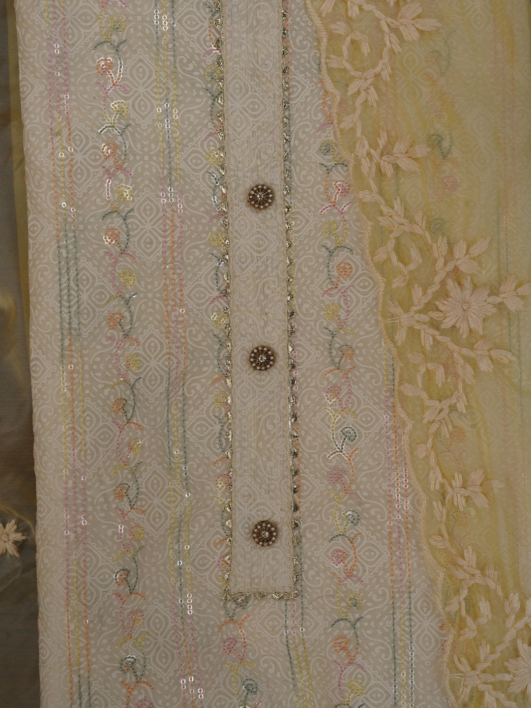 Sequin Embroidered Silk Blend Off White Dress Material with Dupatta
