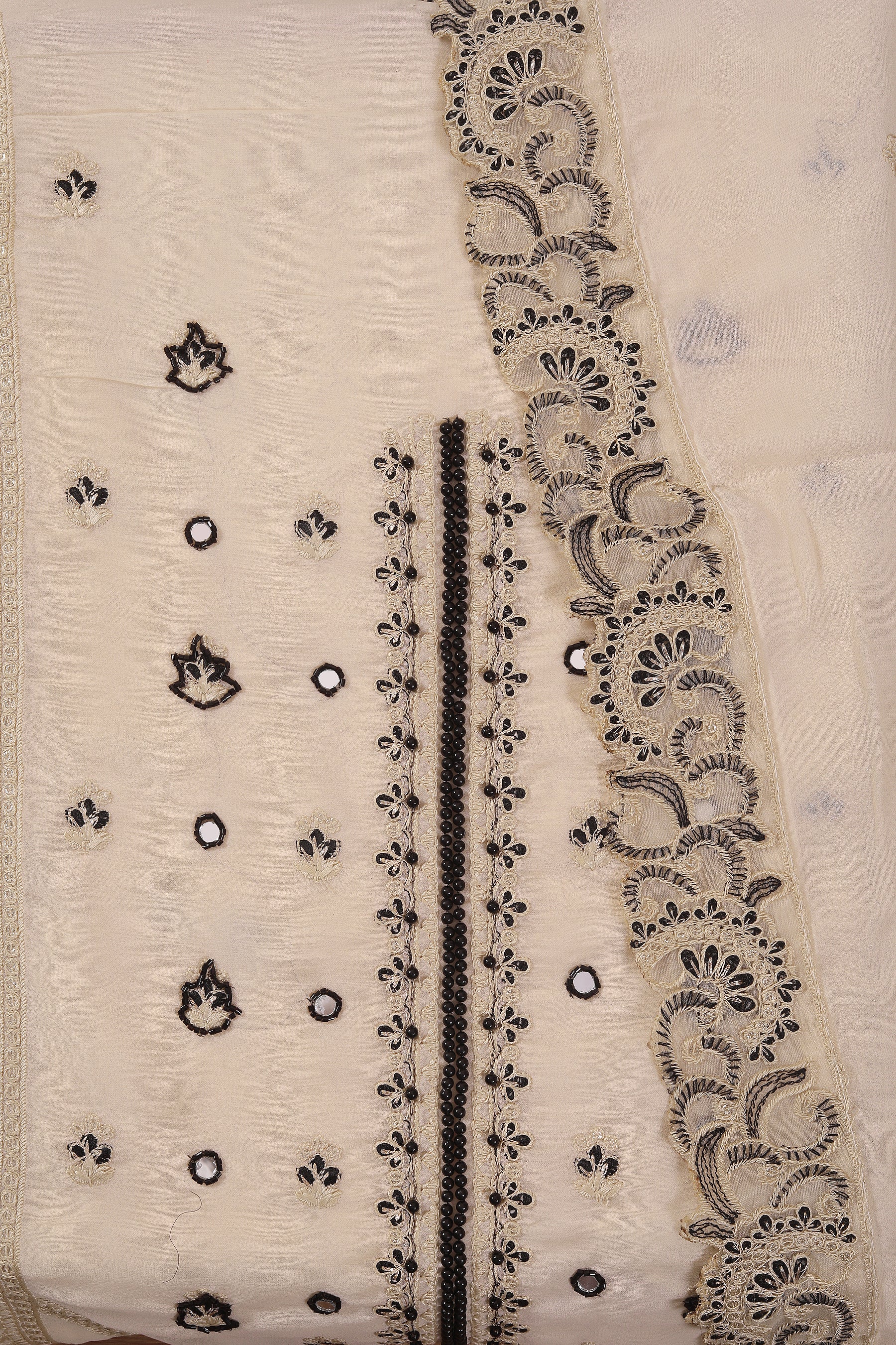 Cream Embroidered Poly Georgette Dress Material with Dupatta