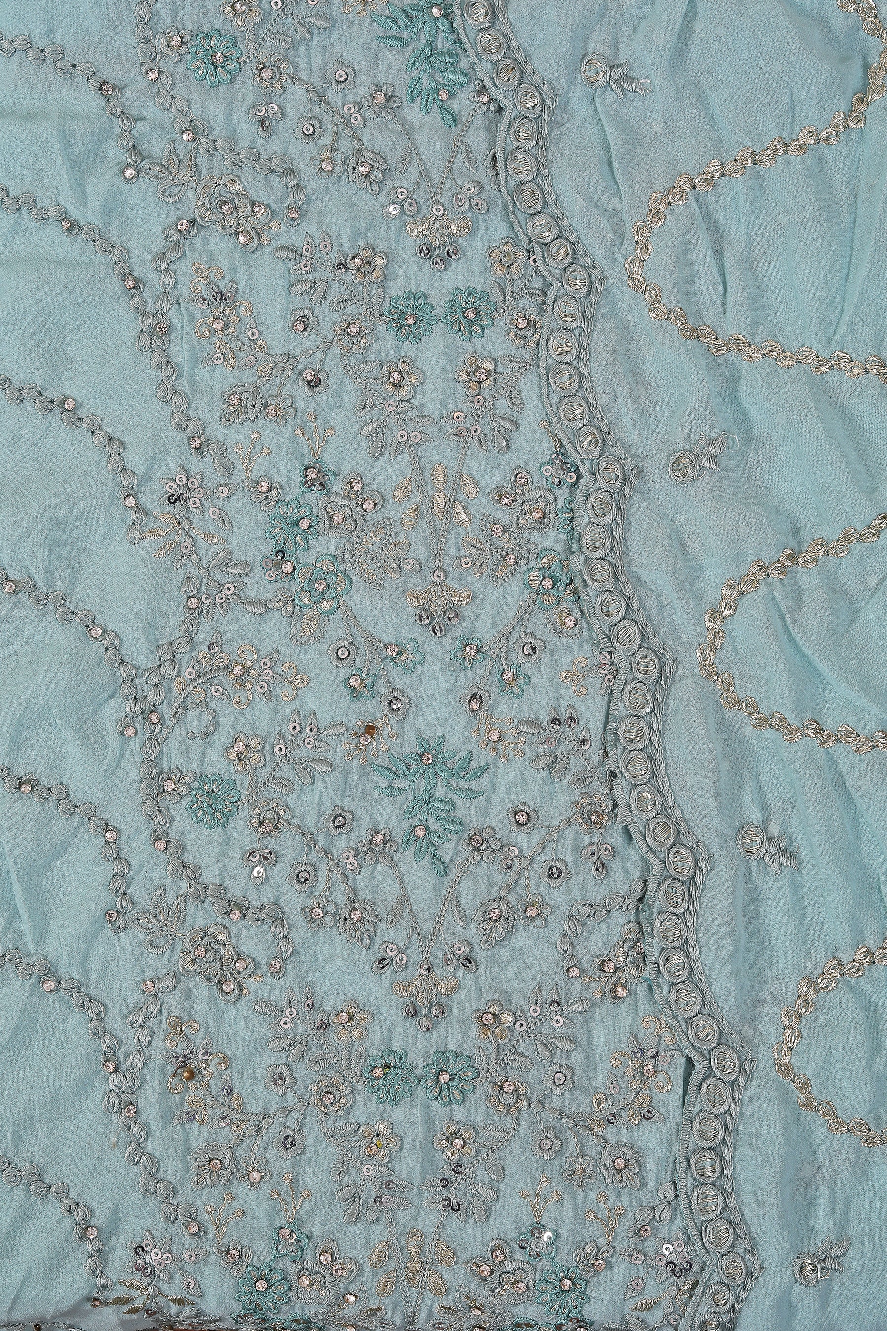 Sea Green Heavy Embroidered Poly Georgette Dress Material with Dupatta