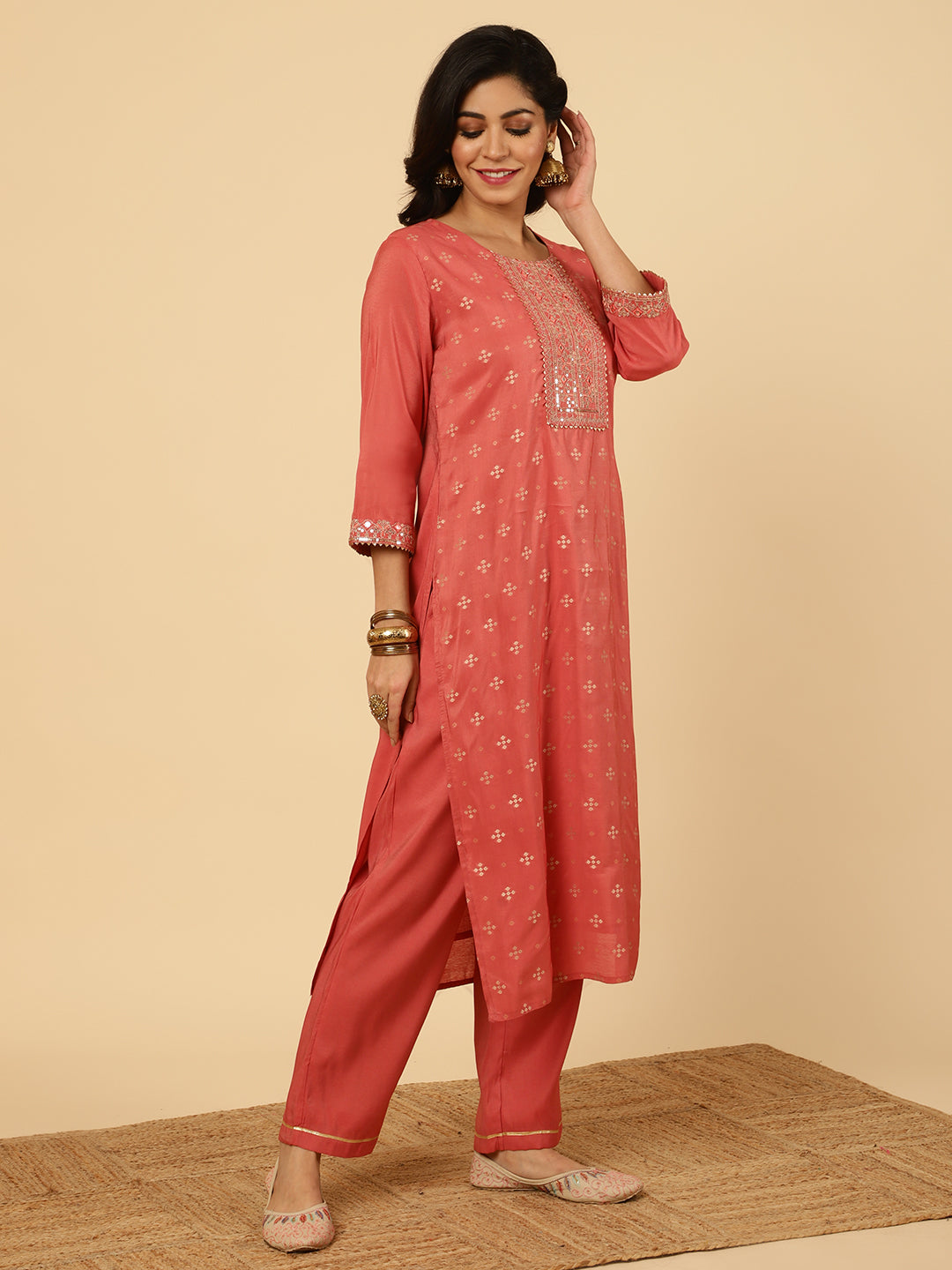 Peach Mirror Work Chanderi Straight Kurta With Pants And Dupatta