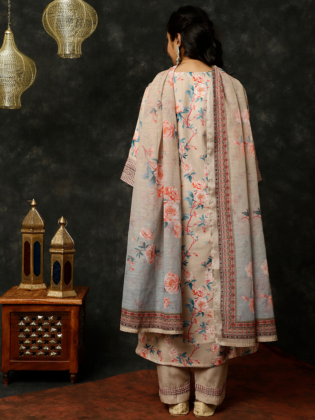 Embroidered Beige Rose Print Pleated Pakistani Kurta With Pants And Dupatta