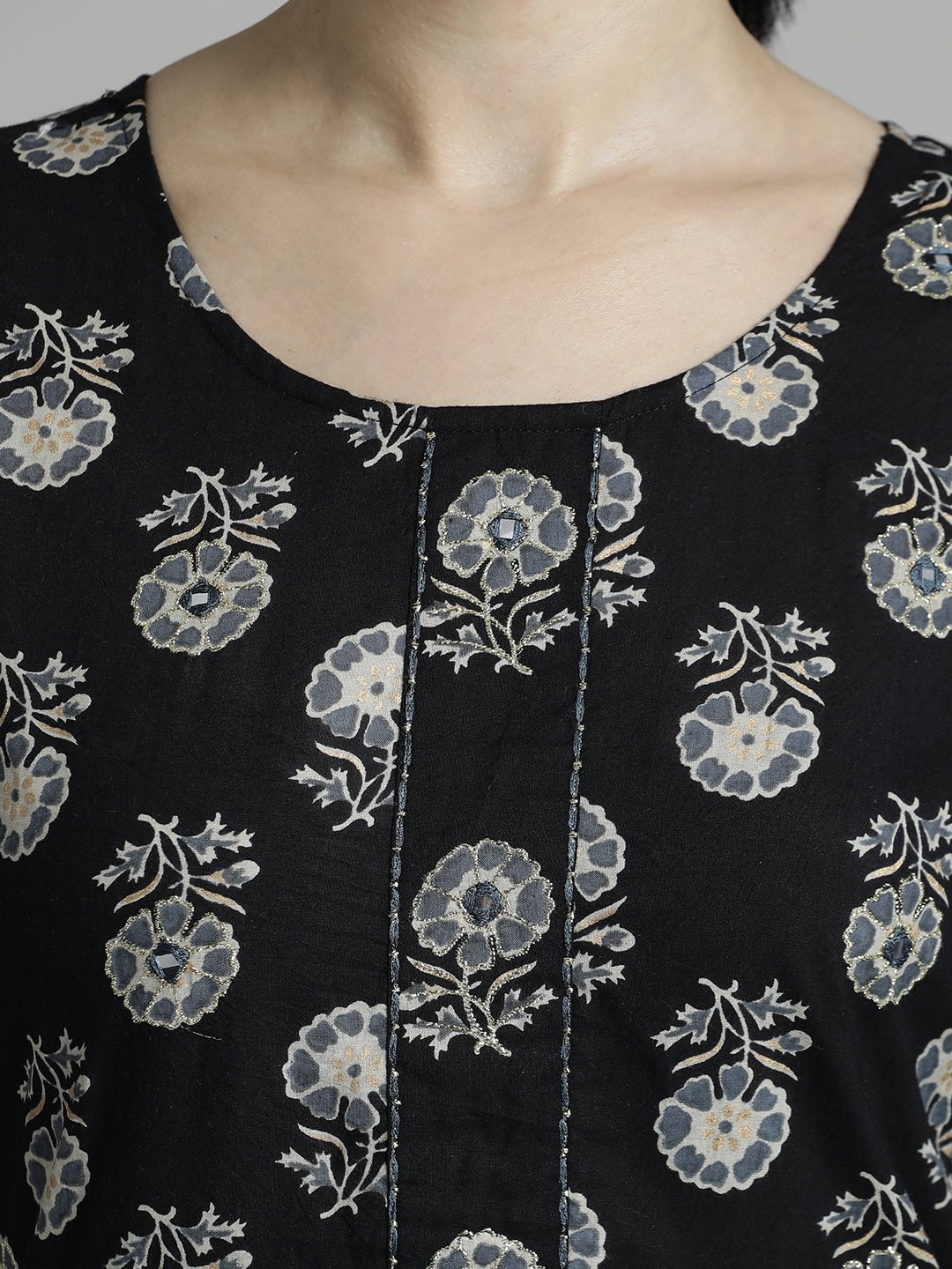 Ethnic Printed Cotton Black Kurta Set With Dupatta