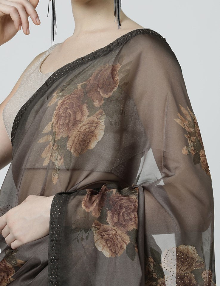 Brown Embellished Floral Printed Georgette Saree