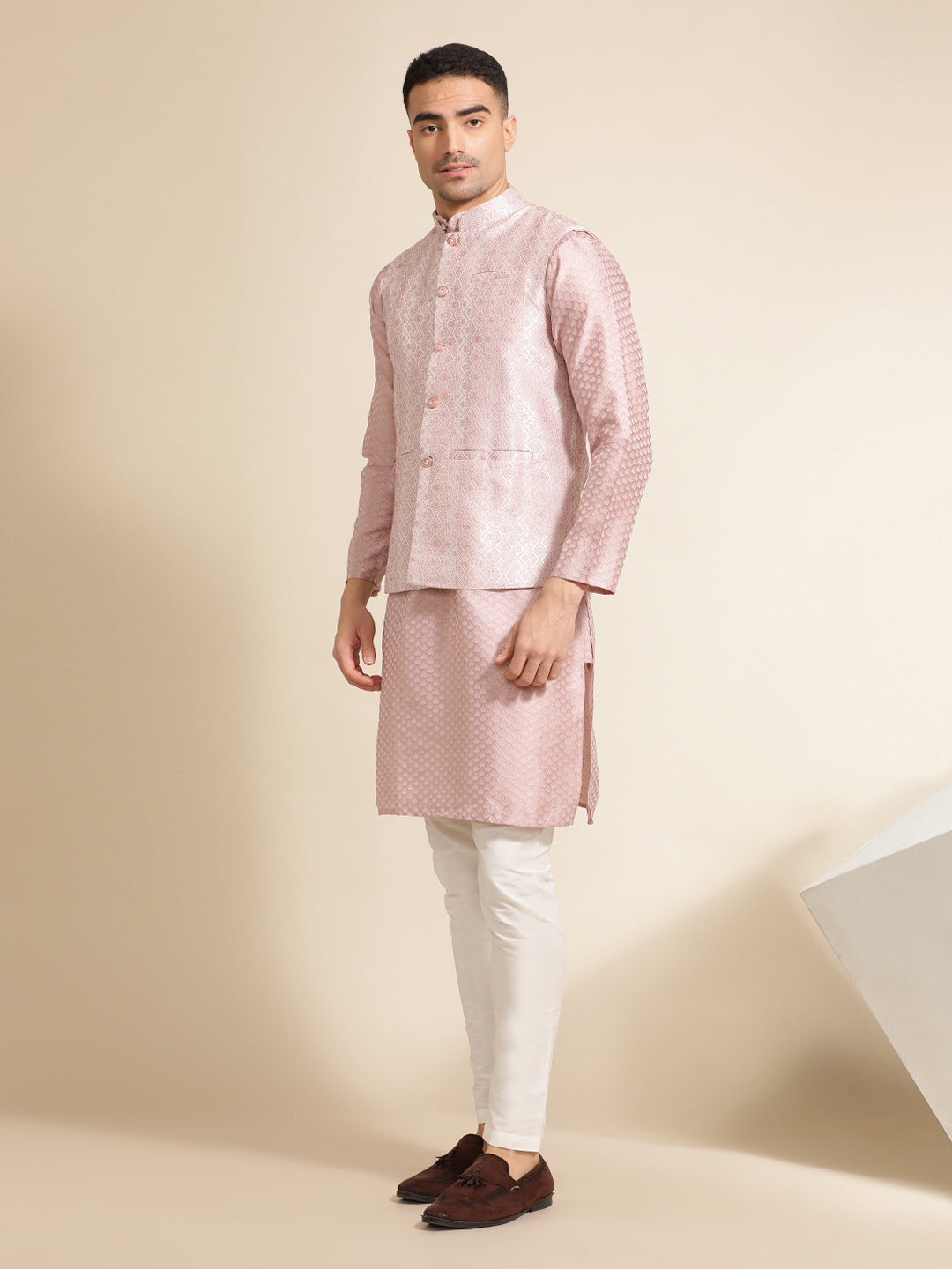 Pink Festive Kurta With Printed Nehru Jacket Set