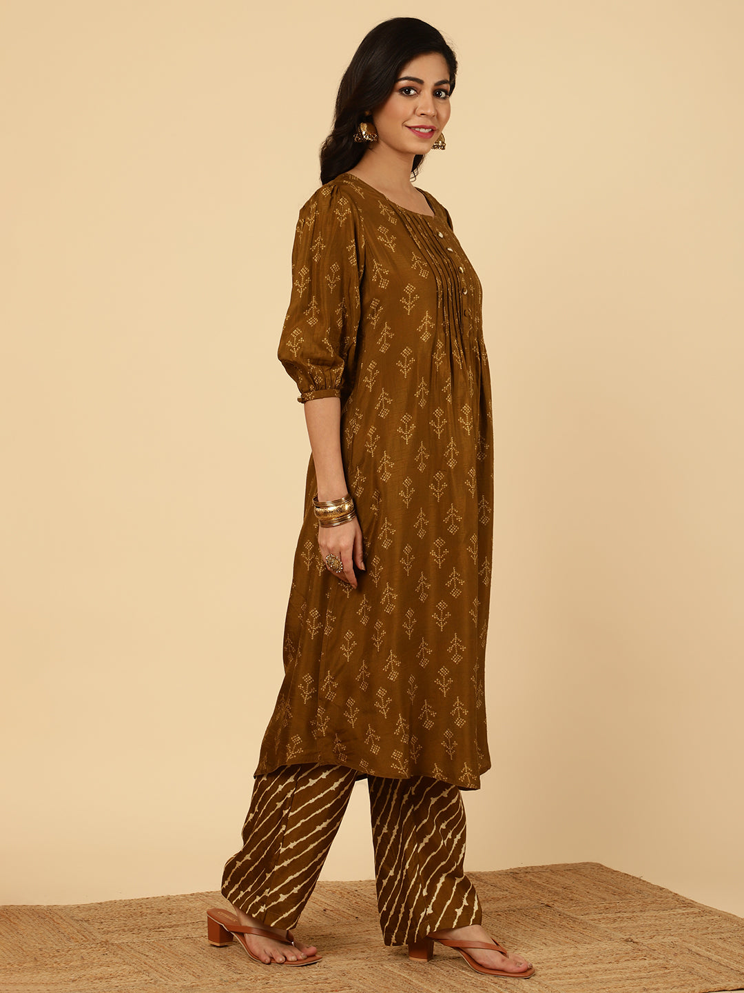 Brown Dola Silk Pleated Bandhani Kurta With Palazzo And Dupatta