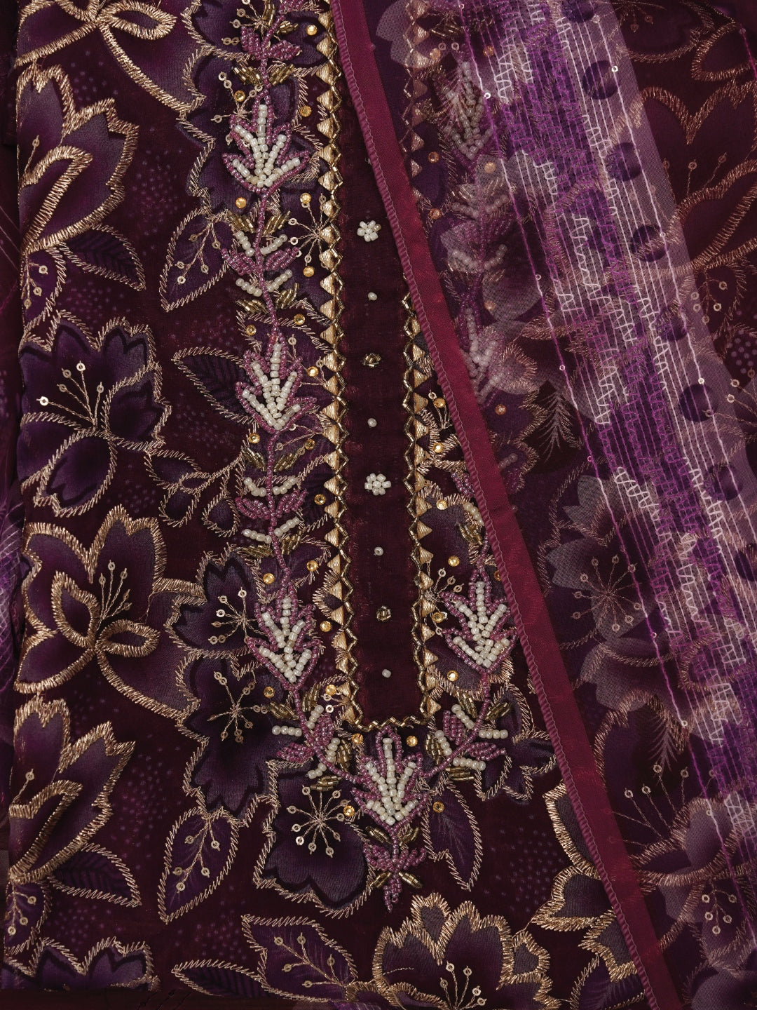 Purple Unstitched Embellished Organza Dress Material With Dupatta