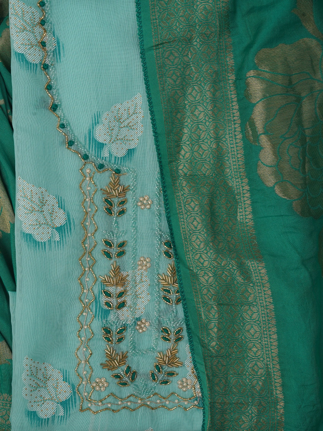 Sea Green Embellished Woven Design Cotton Dress Material with Dupatta