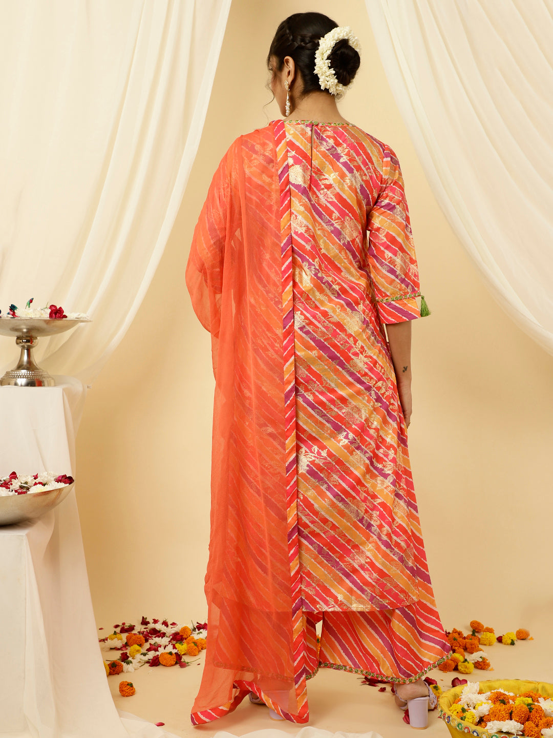Orange Leheriya Straight Kurta With Palazzo And Dupatta