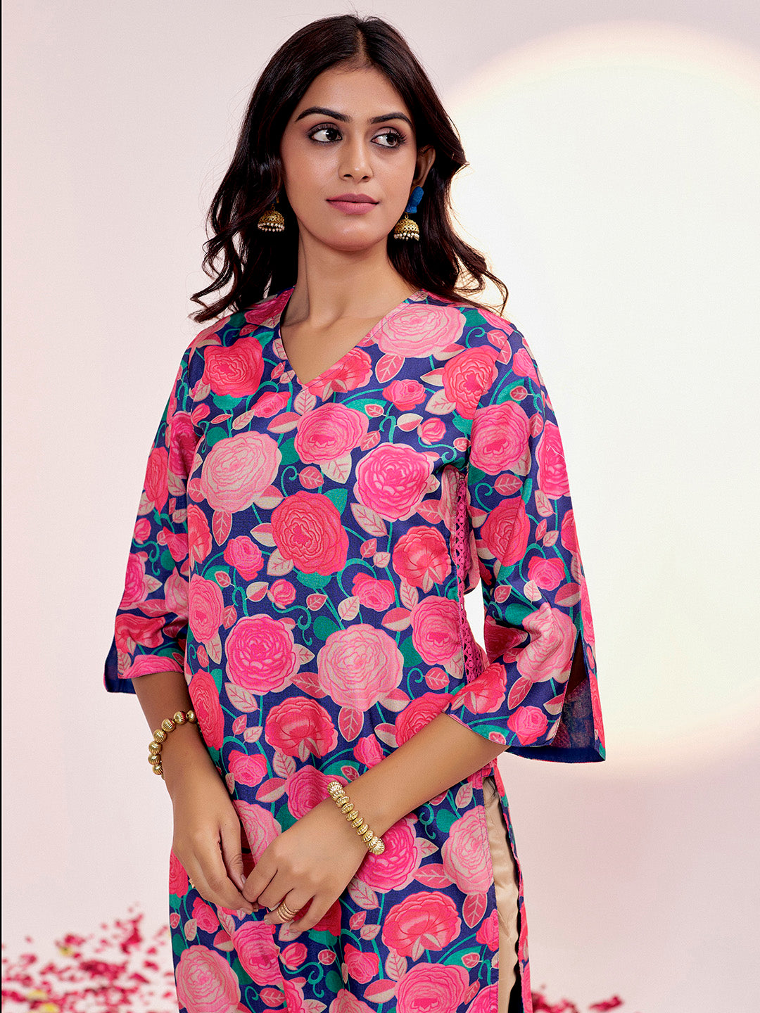 Purple Floral Printed Festive Straight Kurta