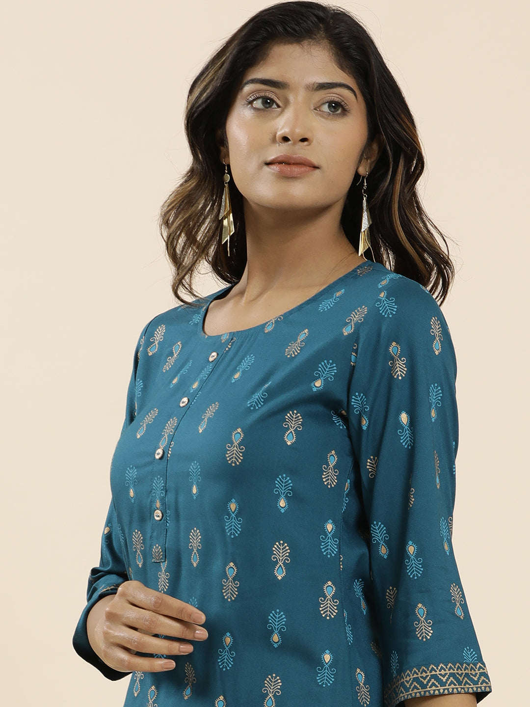 Teal Ethnic Motif Printed Straight Kurta