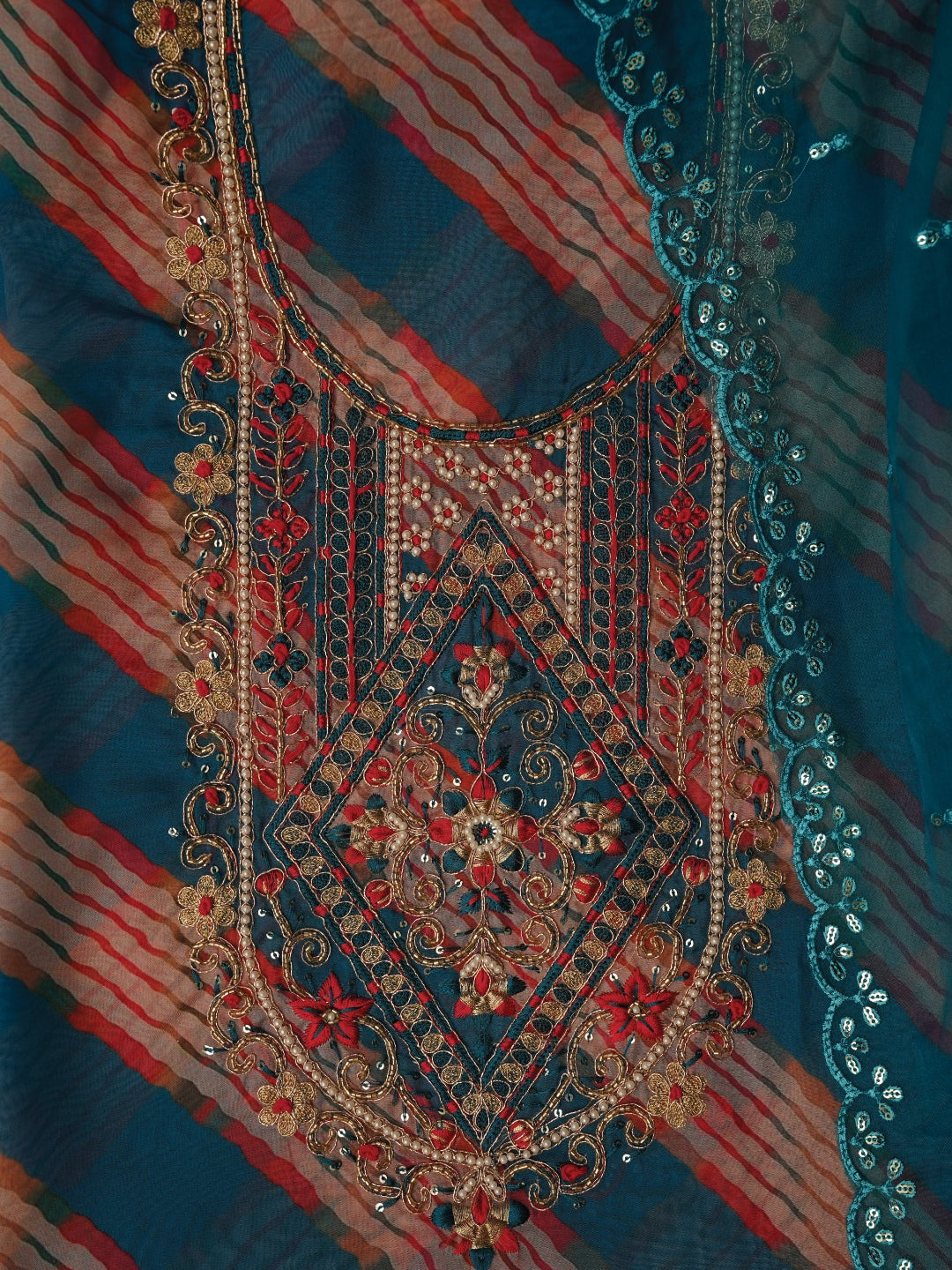 Sky Blue Floral Silk Zari Woven Dress Material with Dupatta