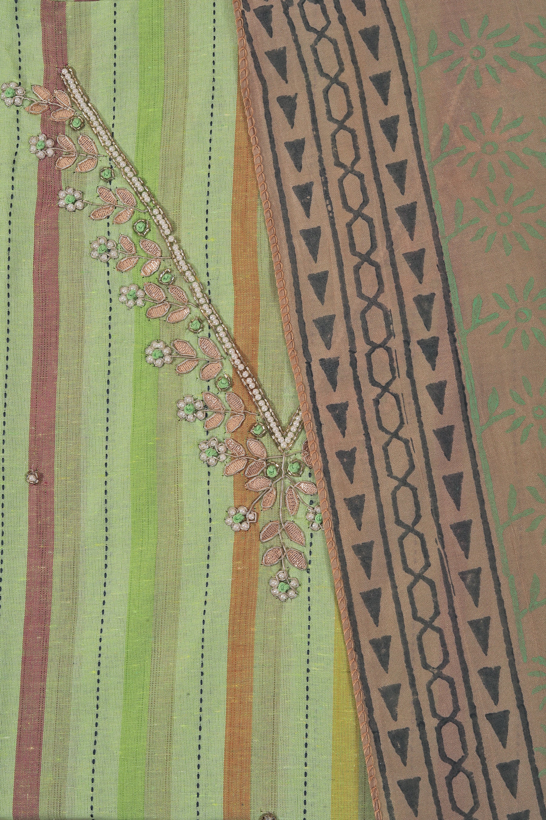 Mint Green Printed Cotton Blend Gota Patti Dress Material with Dupatta