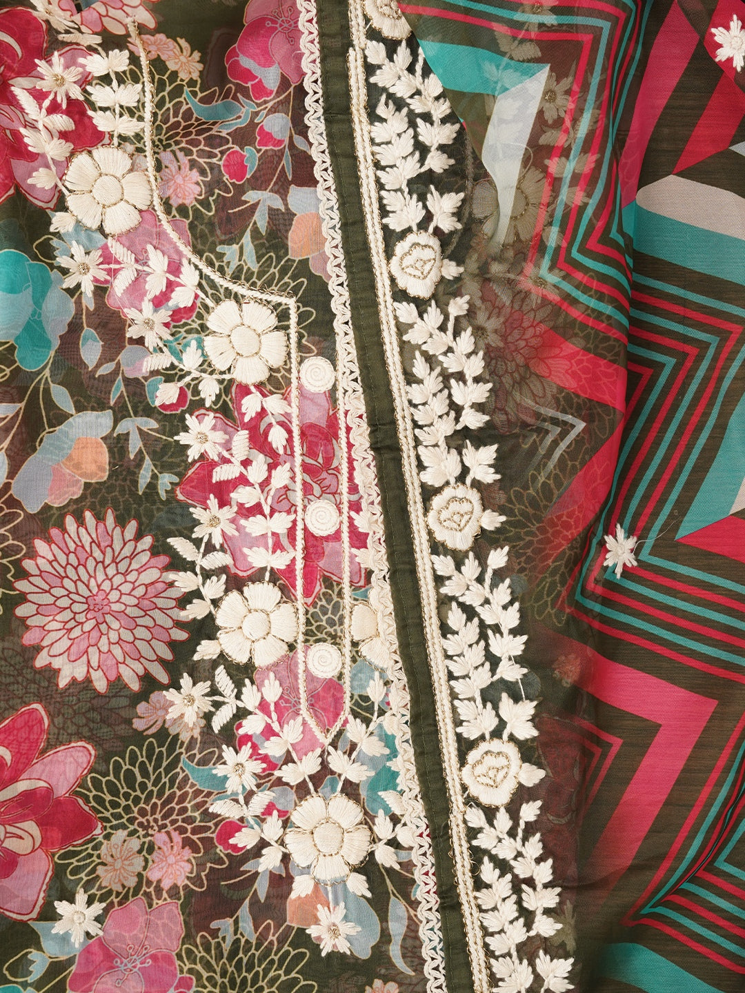 Olive Green Lucknowi Embroidered Organza Dress Material with Dupatta