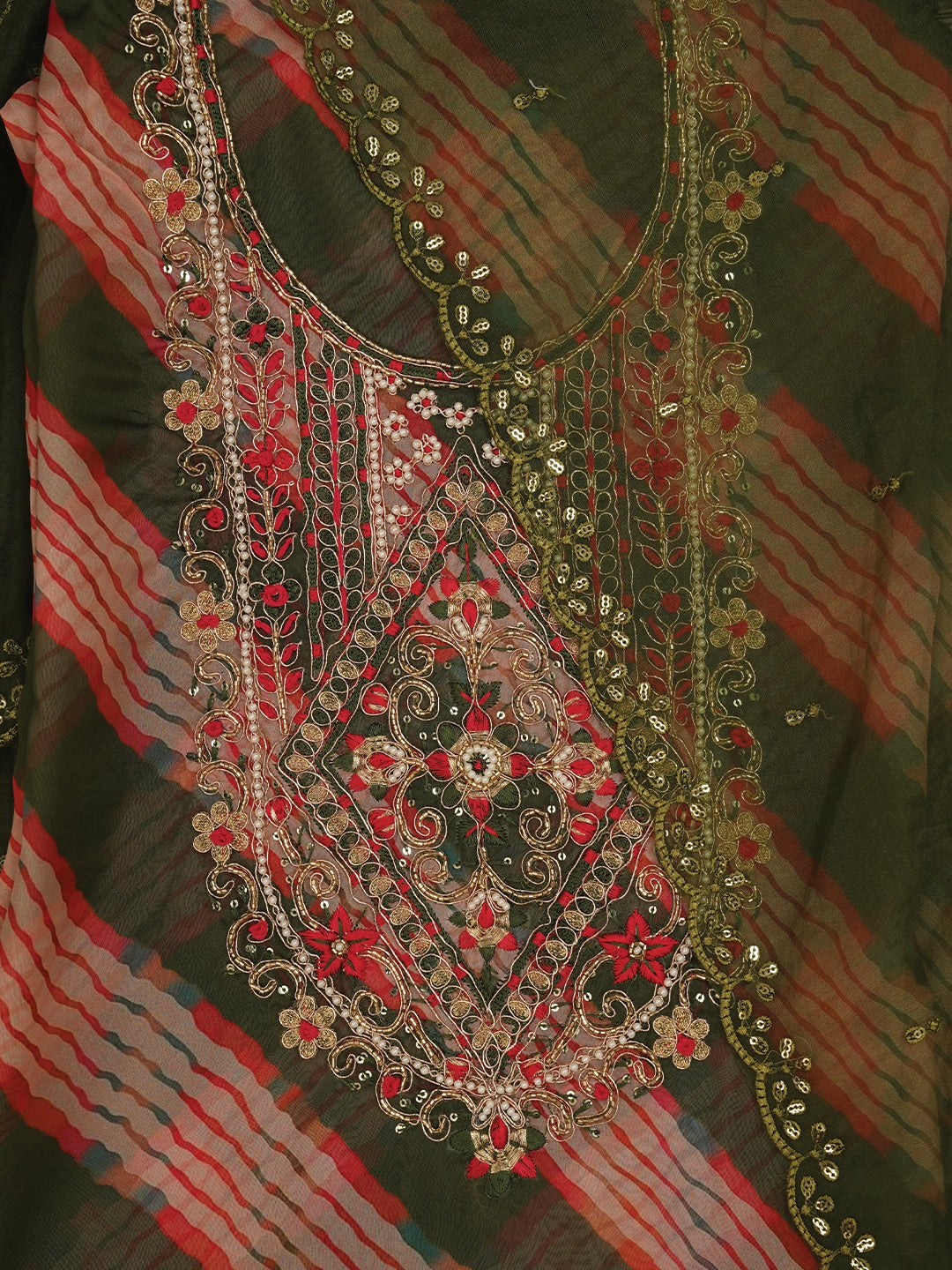 Mehandi Green Leheriya Embroidered Dress Material with Dupatta