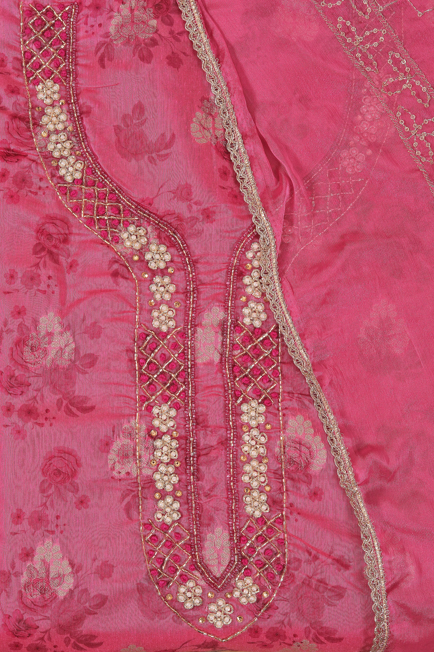 Rani Silk Blend Embellished Dress Material With Dupatta