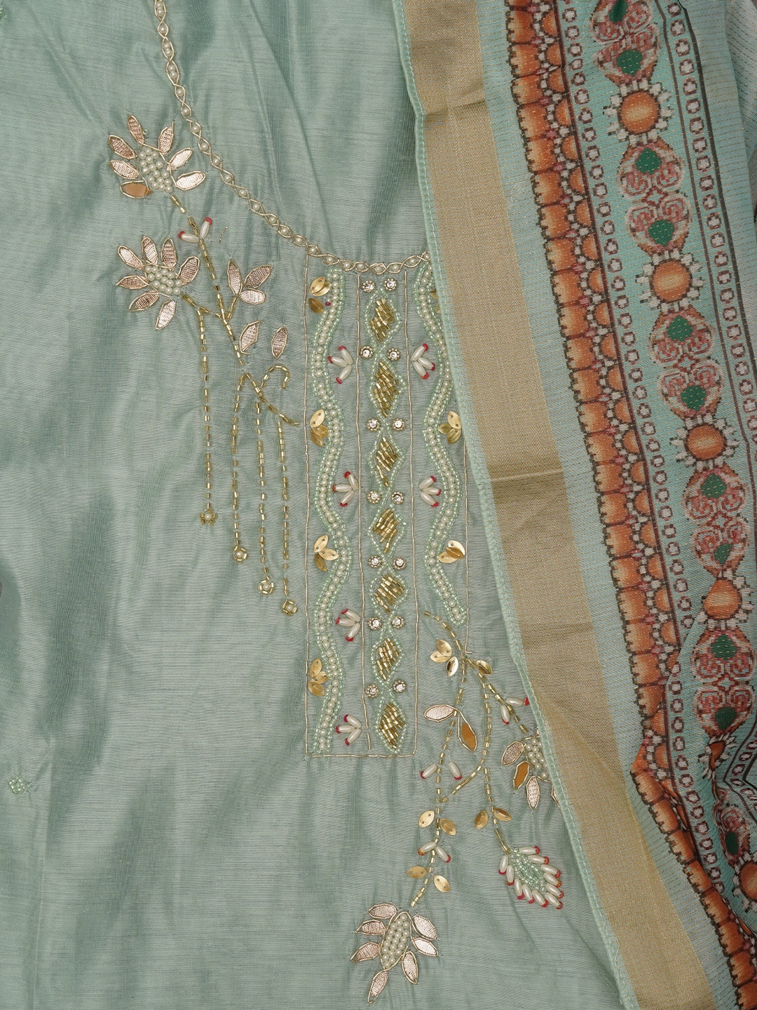 Sea Green Unstitched Zari Woven Design Cotton Dress Material with Dupatta