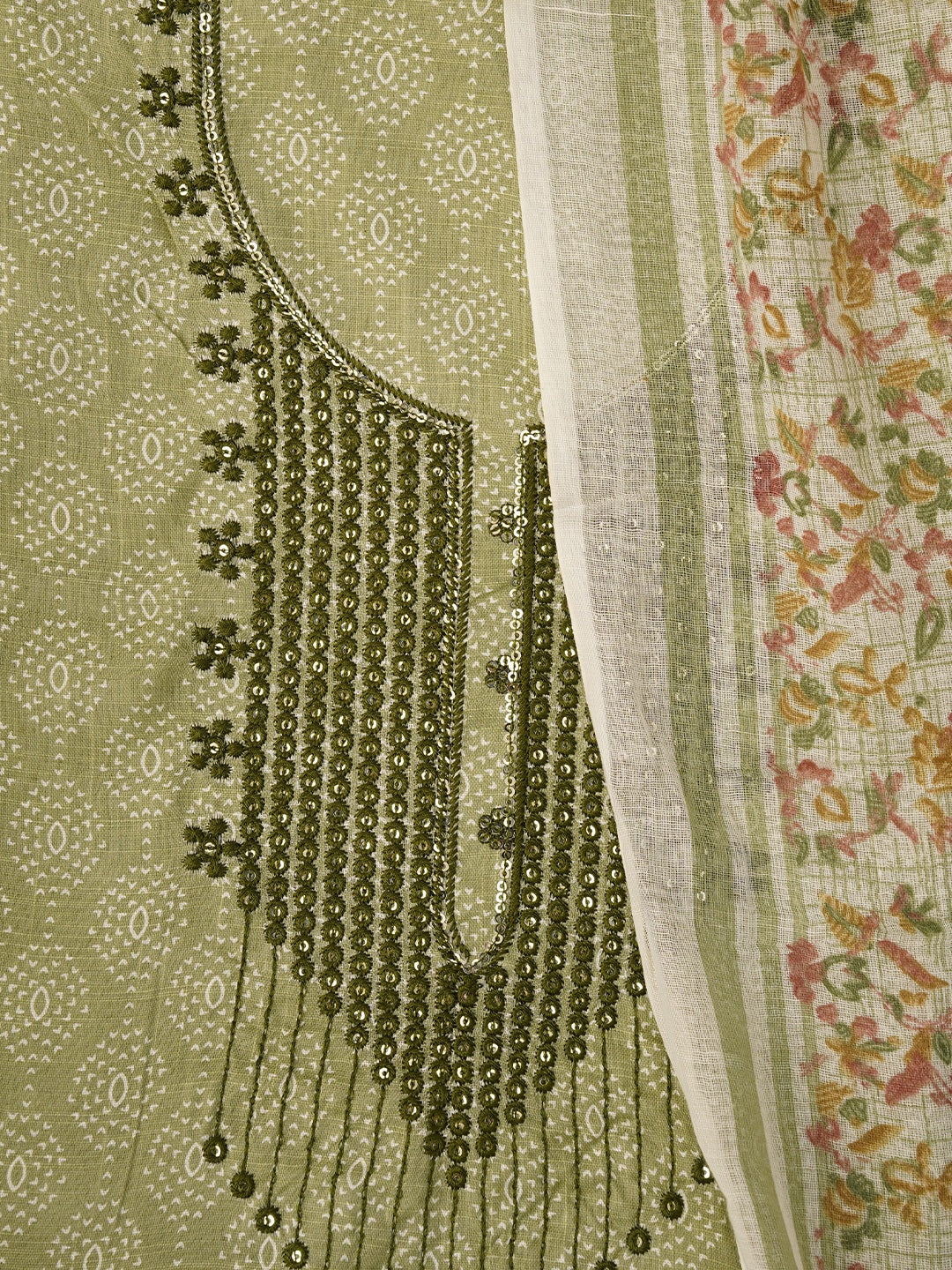 Green Embroidered Cotton Blend Dress Material with Dupatta