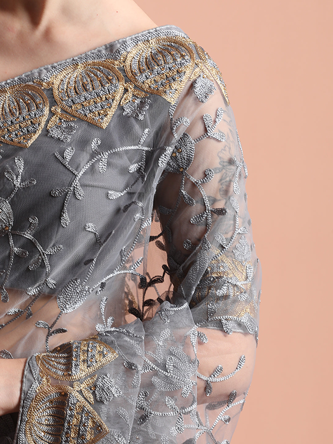 Grey Floral Embroidered Net Party Wear Saree