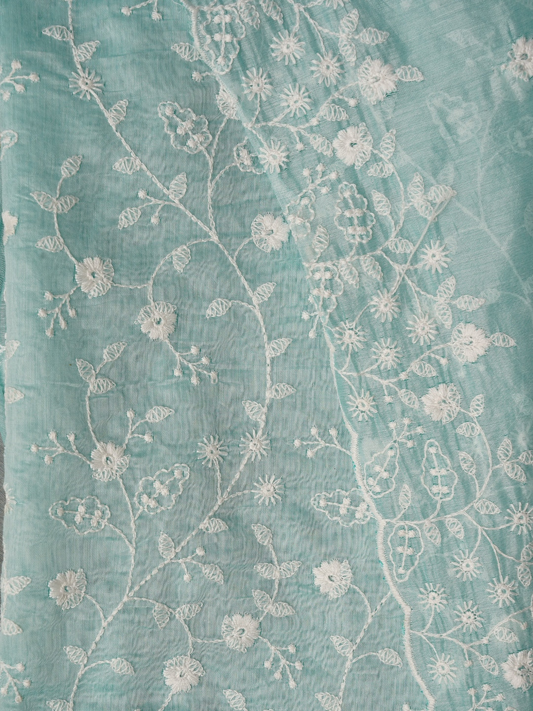 Sea Green Cotton Lucknowi Embroidered Dress Material with Dupatta