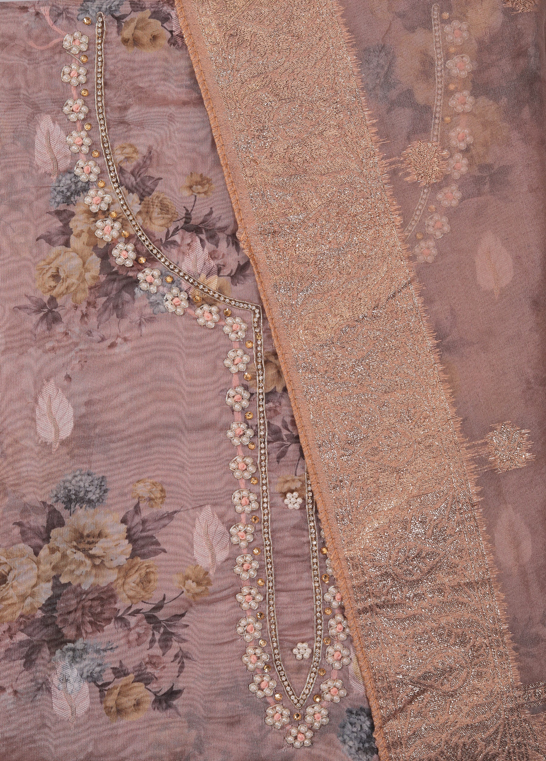 Embellished Woven Design Organza Dress Material With Dupatta