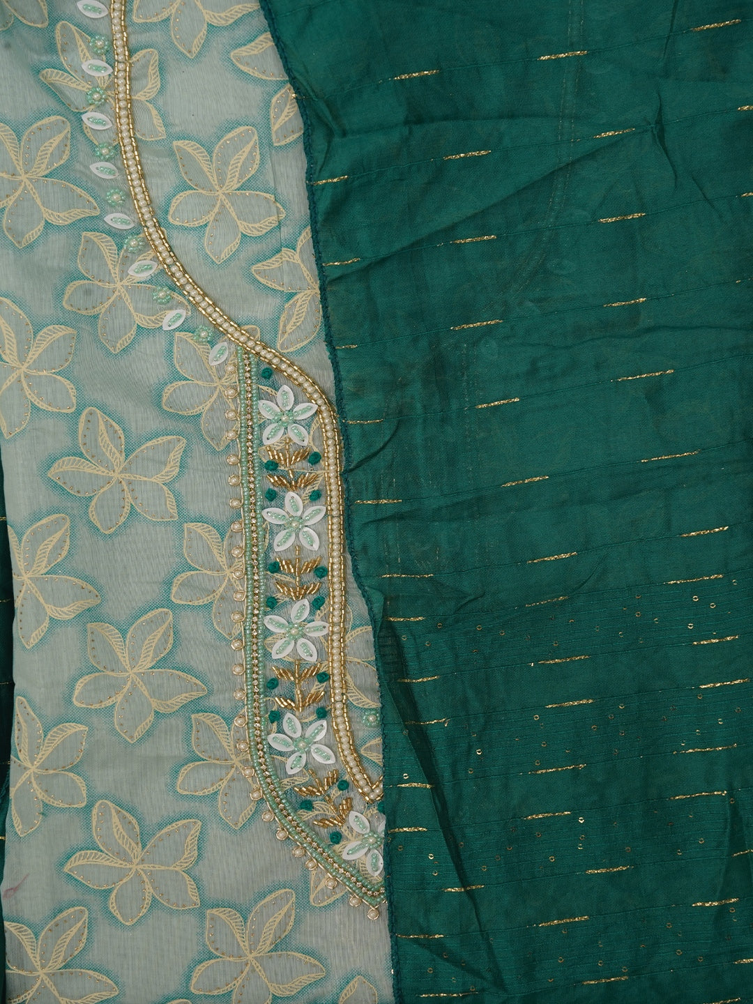 Light Green Floral Printed Embellished Cotton Dress Material with Dupatta