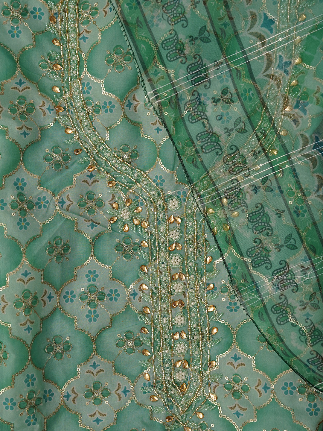 Unstitched Embroidered Green Organza Dress Material With Dupatta