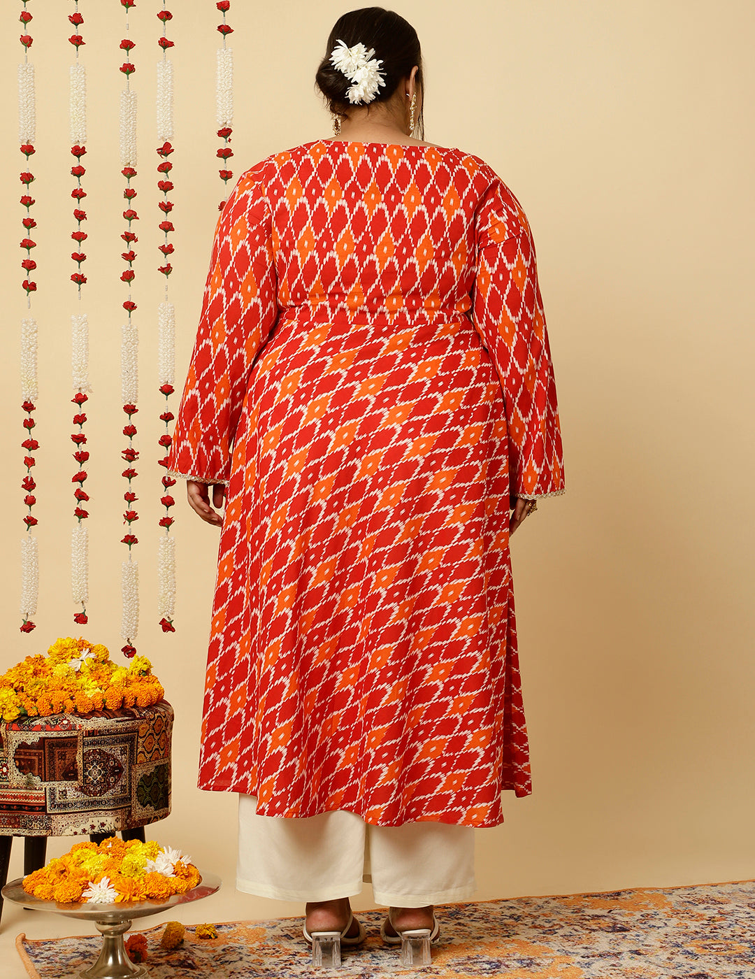 Plus Size Red Ikat Printed Angrakha Kurta