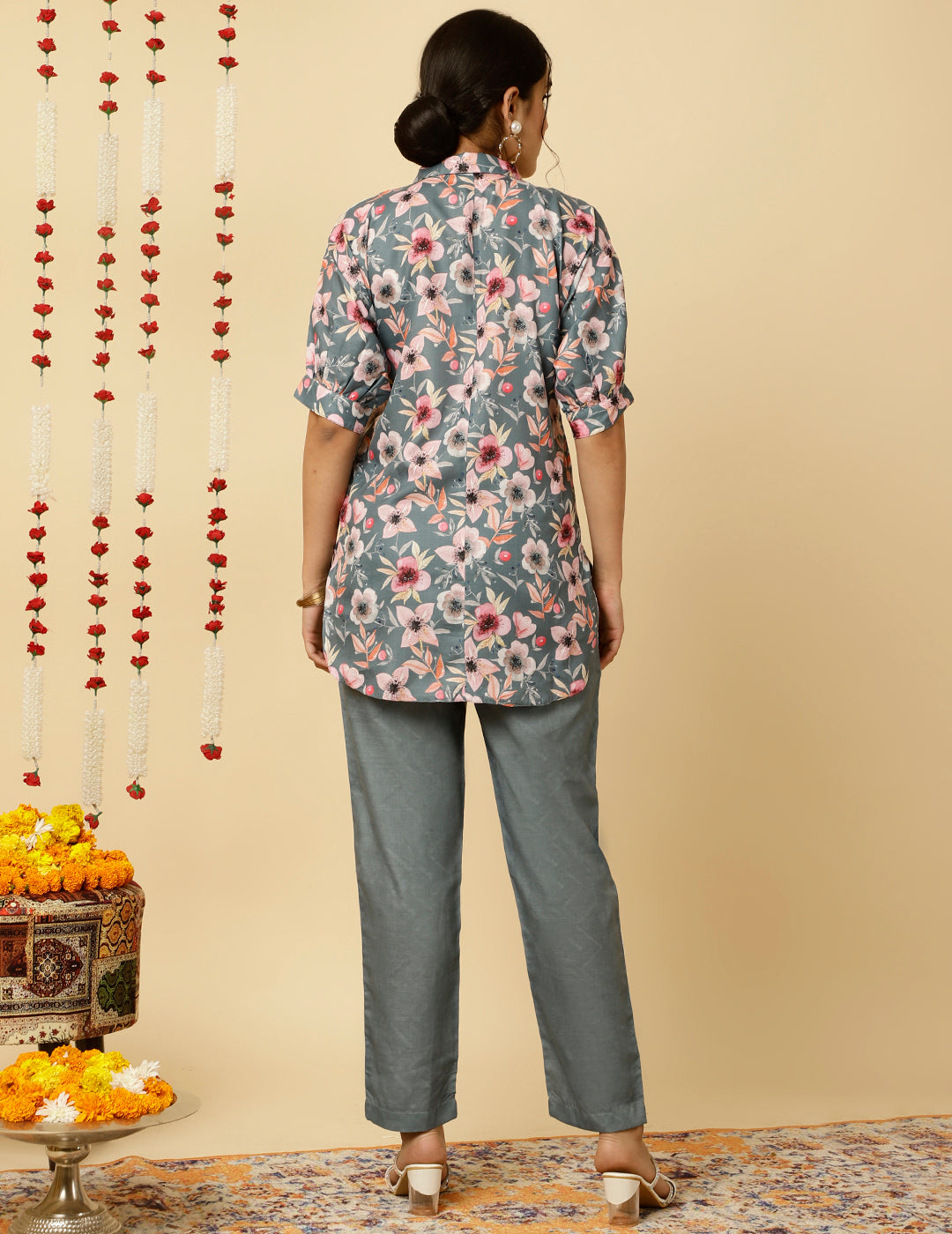 Grey Floral Print Shirt With Pants Co-ord Sets