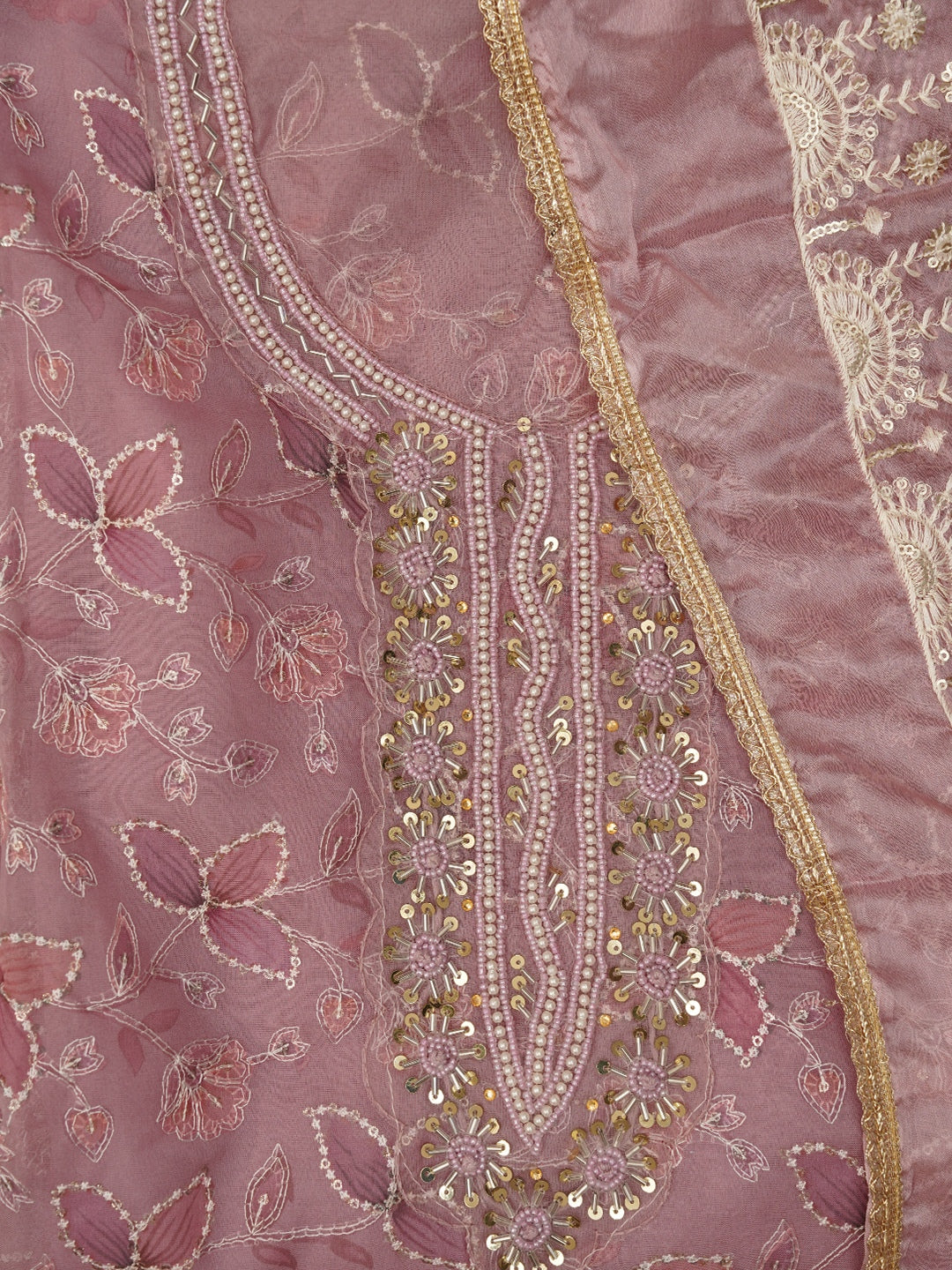 Purple Sequin Embellished Organza Dress Material with Dupatta