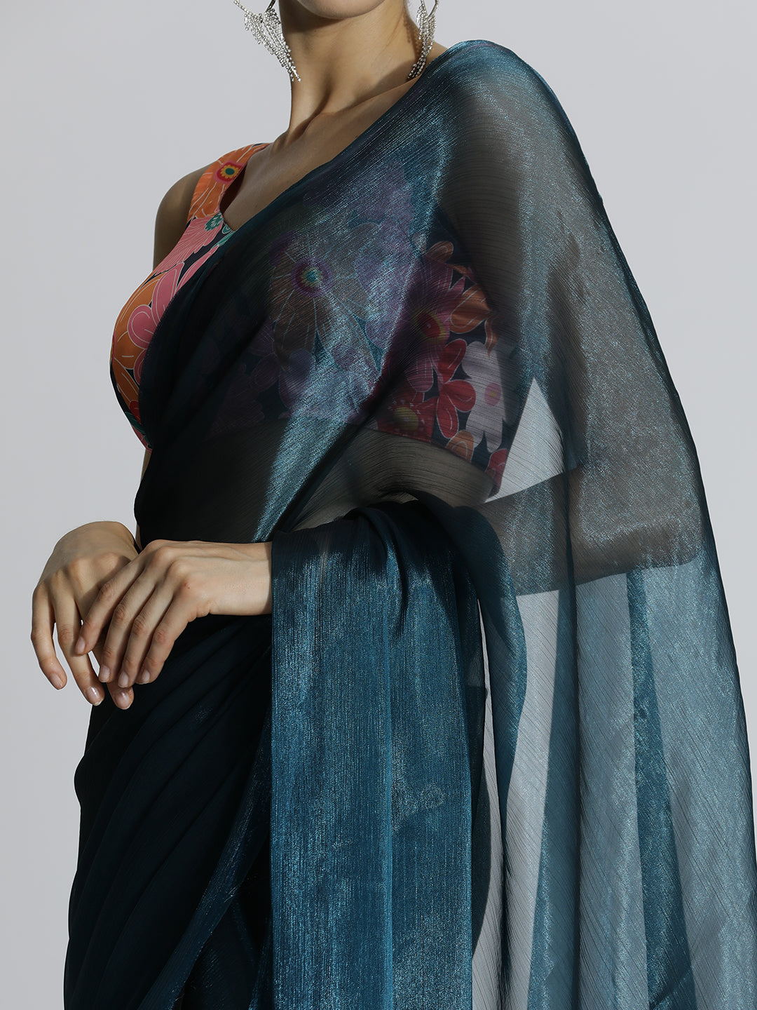 Teal Festive Tissue Solid Saree