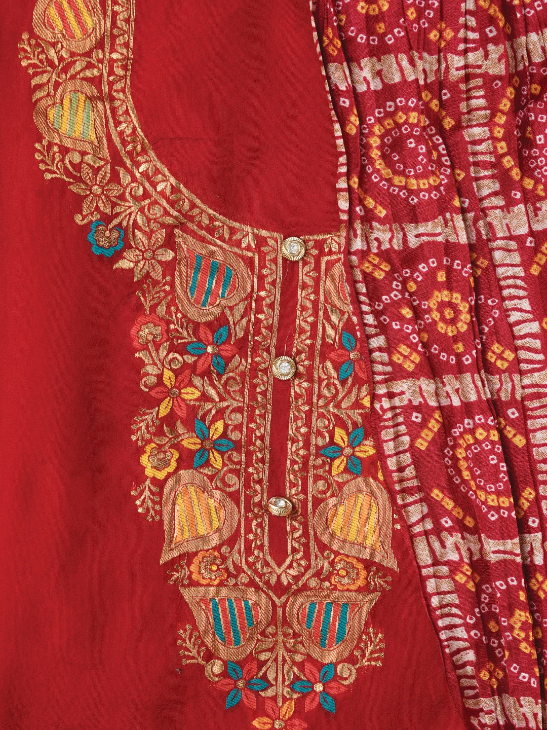 Red Unstitched Zari Silk Blend Dress Material With Dupatta